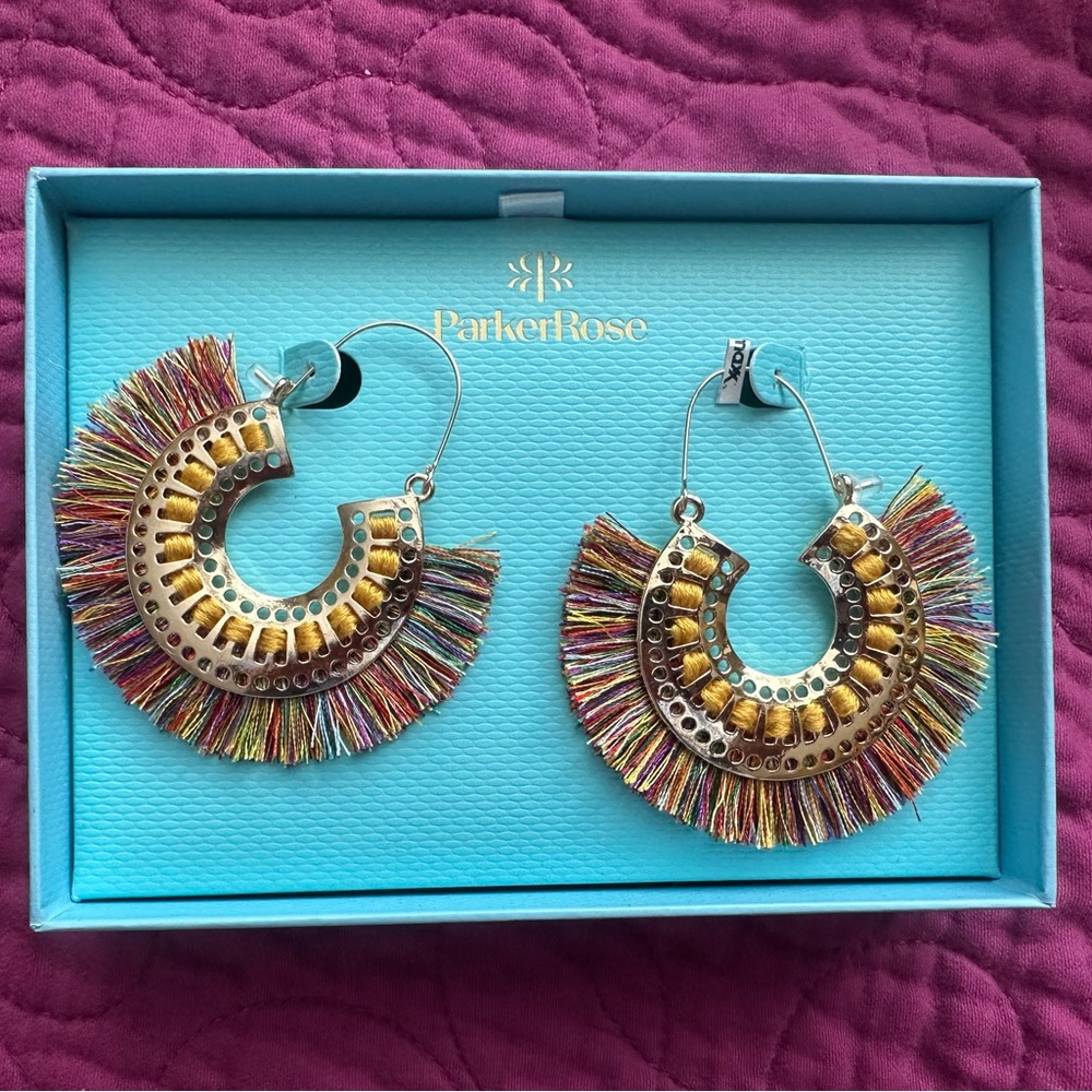 Parker Rose Gold-tone, multi-color Fringe Wide Hoop Earrings. New in Box.